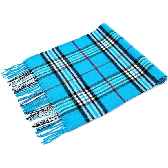 Electric Turquoise Blue Plaid Scarf - Unisex Cashmere Feel Size 12” x 72” - Picture 4 of 5